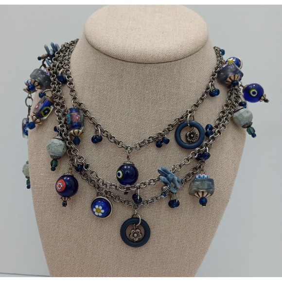 Treska Jewelry - Treska Multi Strand Blue Glass Charm Necklace Silver Tone Signed